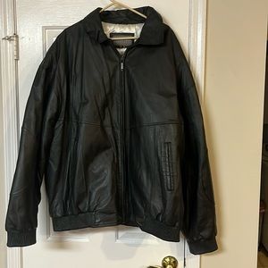 Black leather bomber jacket